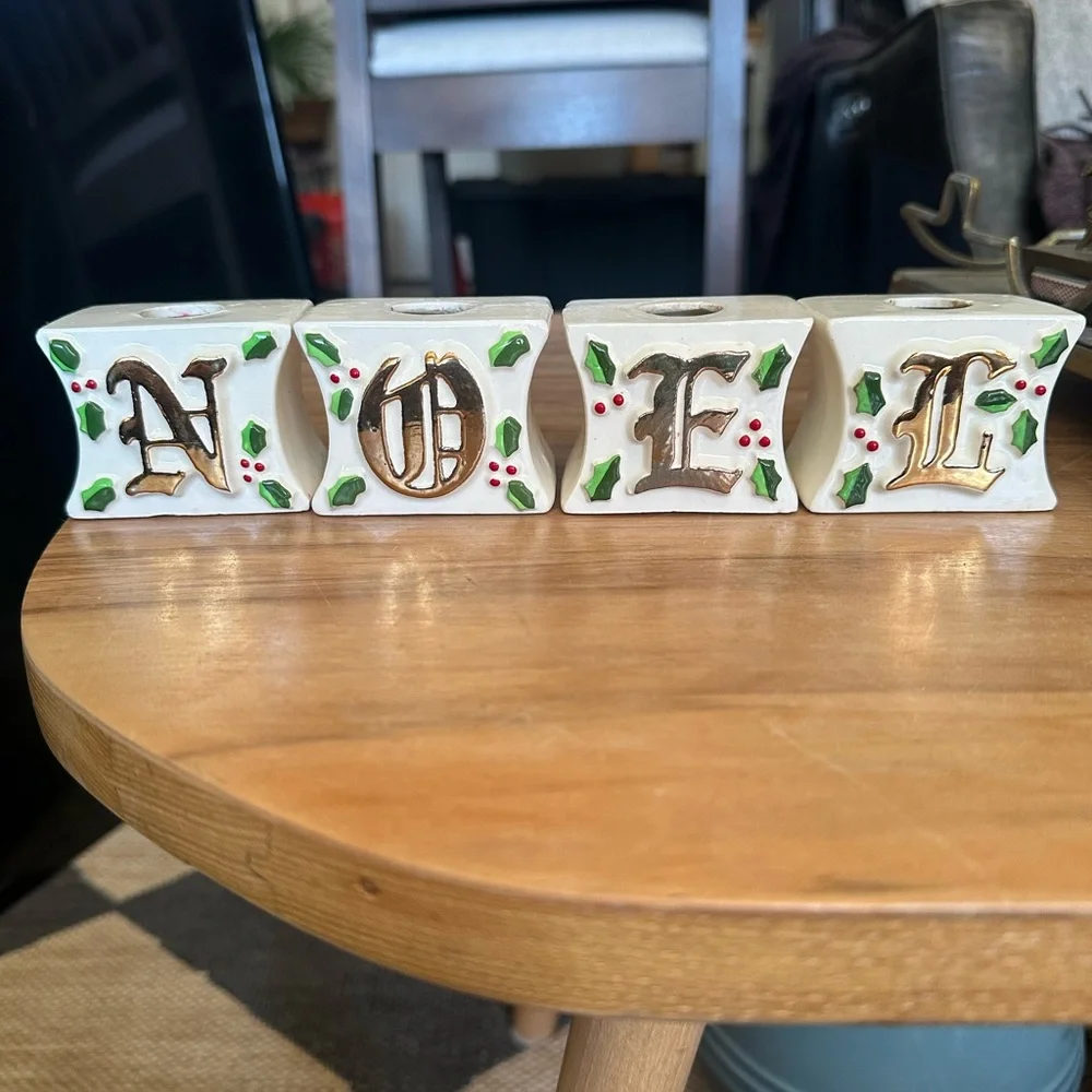 Vintage 1979 NOEL Holiday Candle Holders one crack, a few small chips as shown